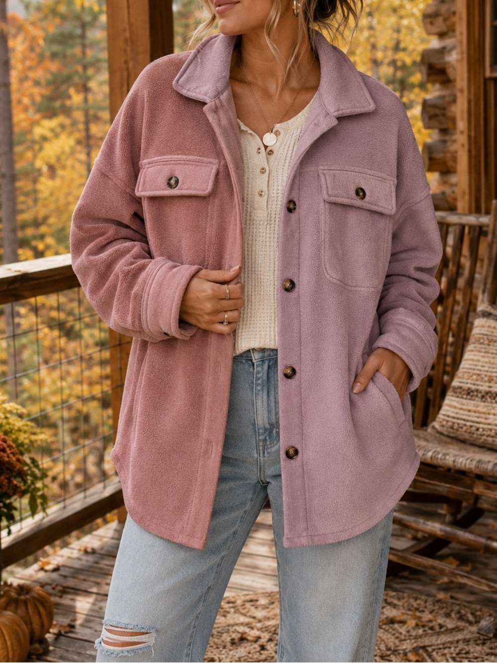 BiBi Oversized Color Block Fleece Shacket Jacket Dusty Mauve Lavender Large